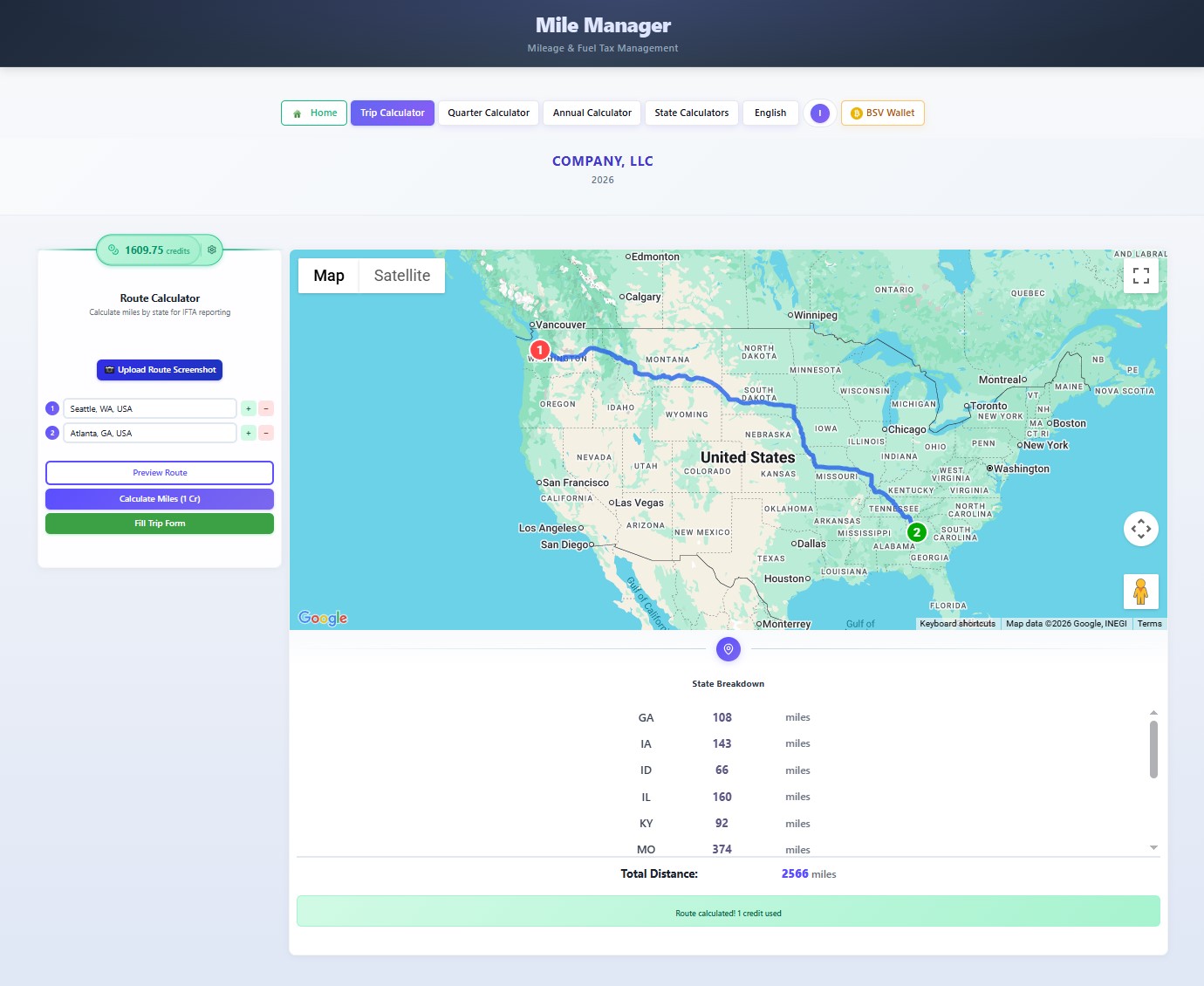 Route Calculator - State-by-state miles breakdown