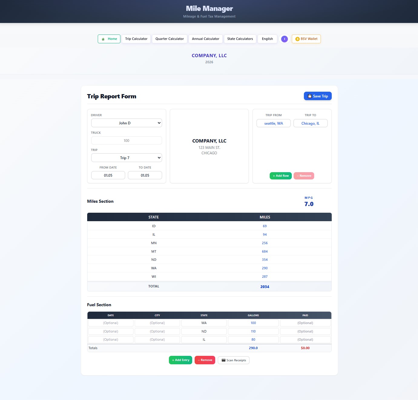 Trip Form - Enter trip details and fuel
